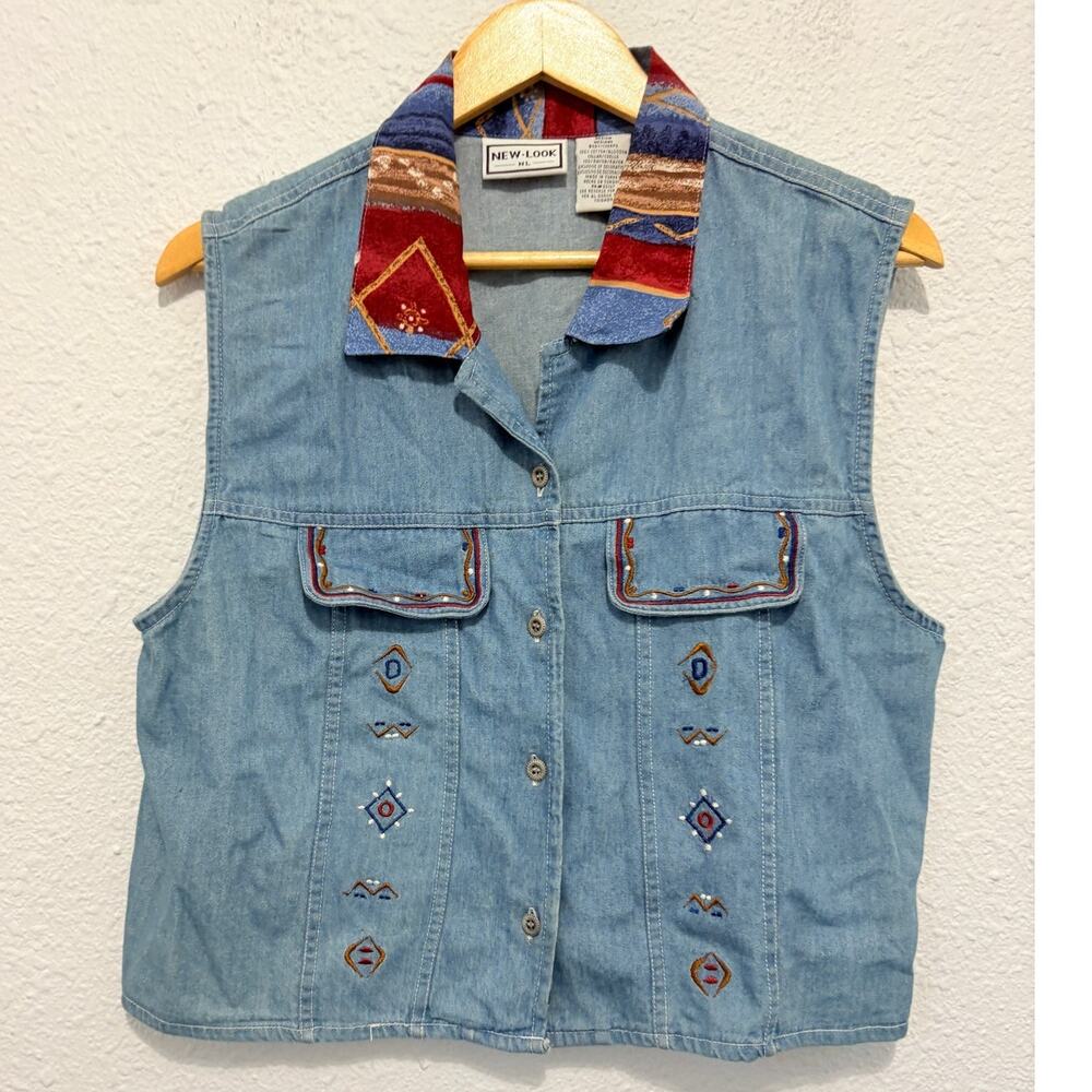 Vintage 90s Denim Tank Button Down Embroidered Western Shirt Retro Boho Festival